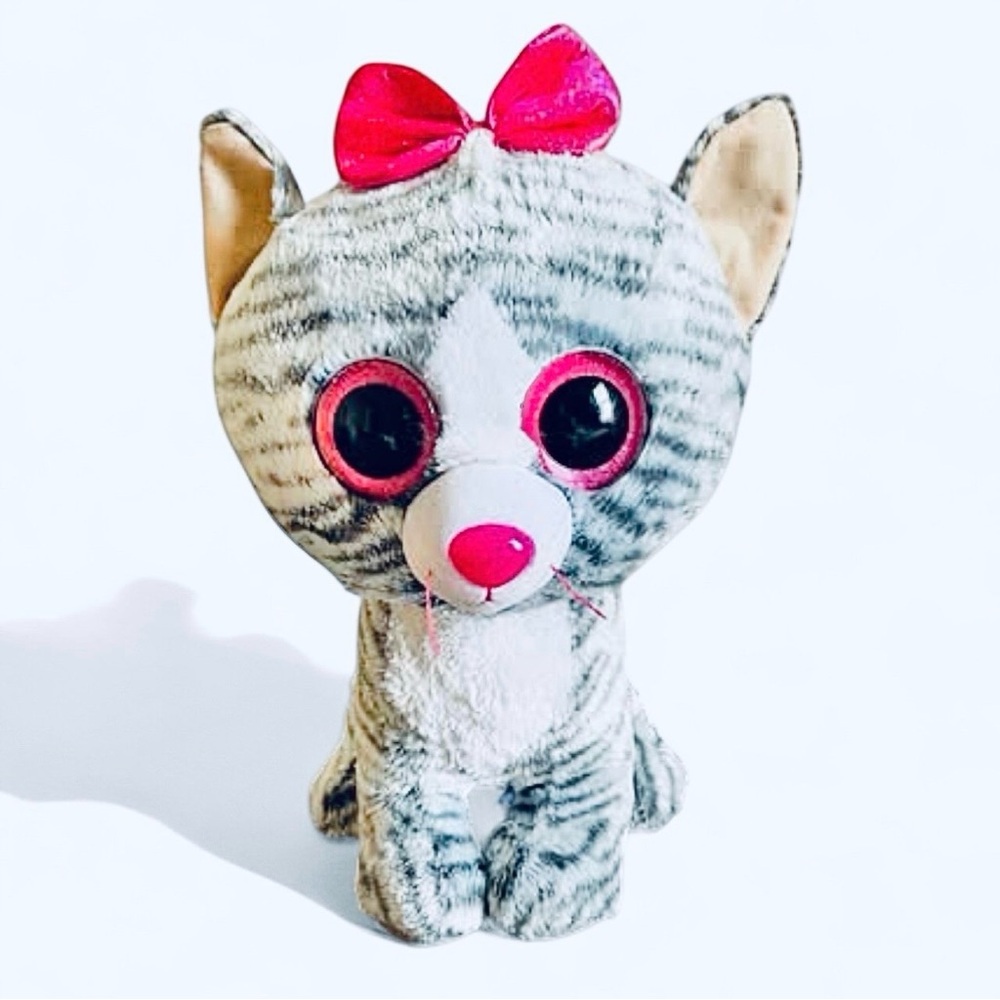 Ty Beanie Boos KIKI Cat Jumbo 16” Grey White Striped TySilk  Pink Bow Big Eyes